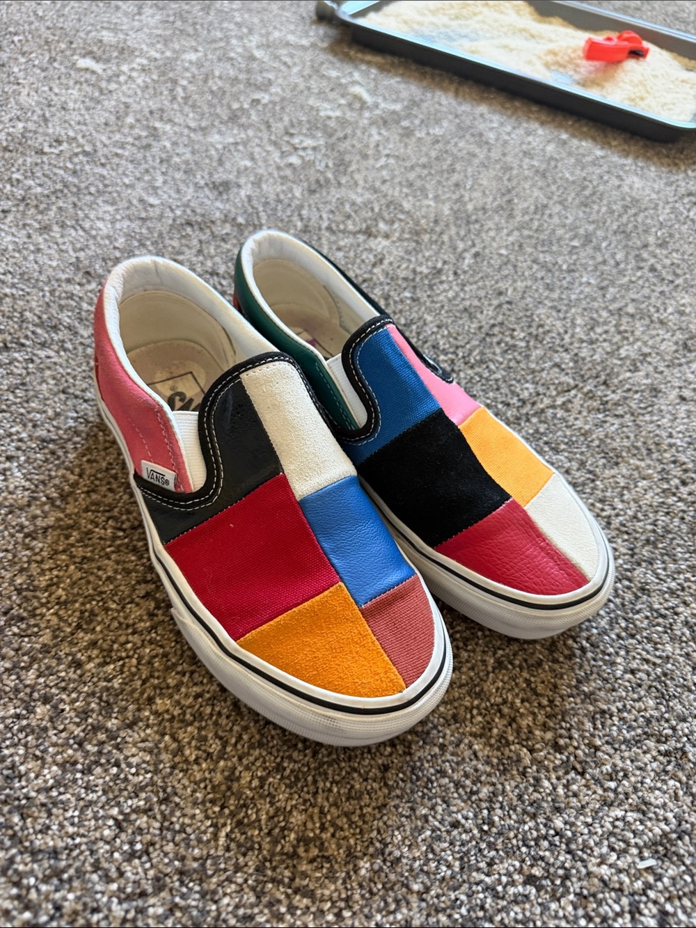 Vans Kids Patchwork Slip-On Sneakers in Red Blue Yellow Pink Black
